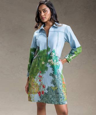 Blue printed twill cotton short dress 3