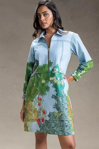 Blue printed twill cotton short dress