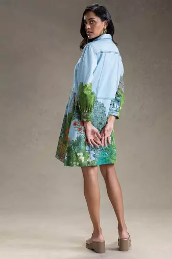Blue printed twill cotton short dress
