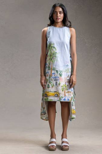 Blue printed twill cotton short dress