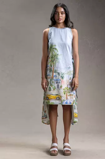 Blue printed twill cotton short dress