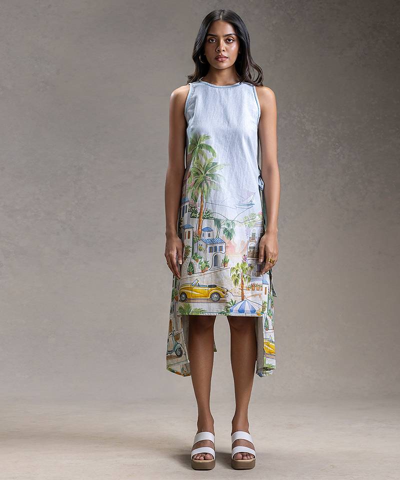 Blue printed twill cotton short dress