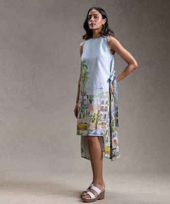 Blue printed twill cotton short dress 2