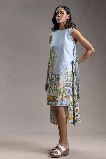 Blue printed twill cotton short dress