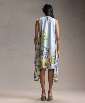 Blue printed twill cotton short dress 4