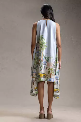 Blue printed twill cotton short dress