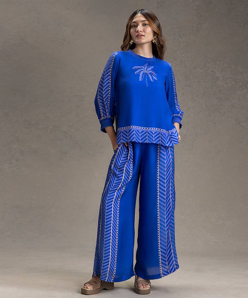 Royal blue printed cotton silk co ord set