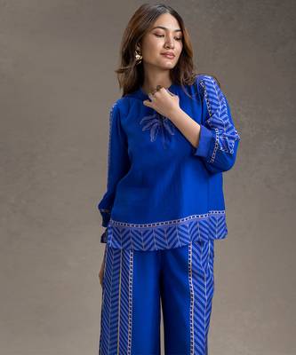 Royal blue printed cotton silk co ord set 3