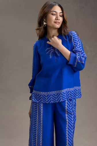 Royal blue printed cotton silk co ord set