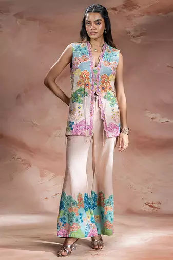 Pastel pink embroidered khadi flex co ord set
