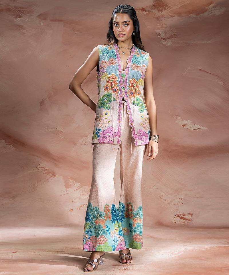 Pastel pink embroidered khadi flex co ord set