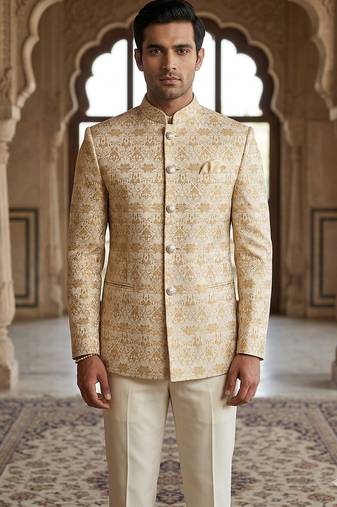 Beige color golden jacquard jodhpuri for men | premium designer bandhgala ethnic wear