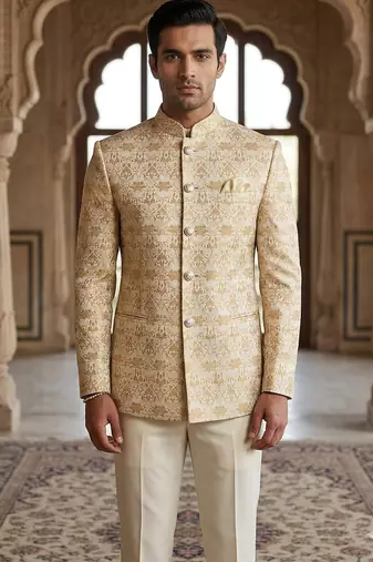 Beige color golden jacquard jodhpuri for men | premium designer bandhgala ethnic wear
