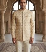 Beige color golden jacquard jodhpuri for men | premium designer bandhgala ethnic wear