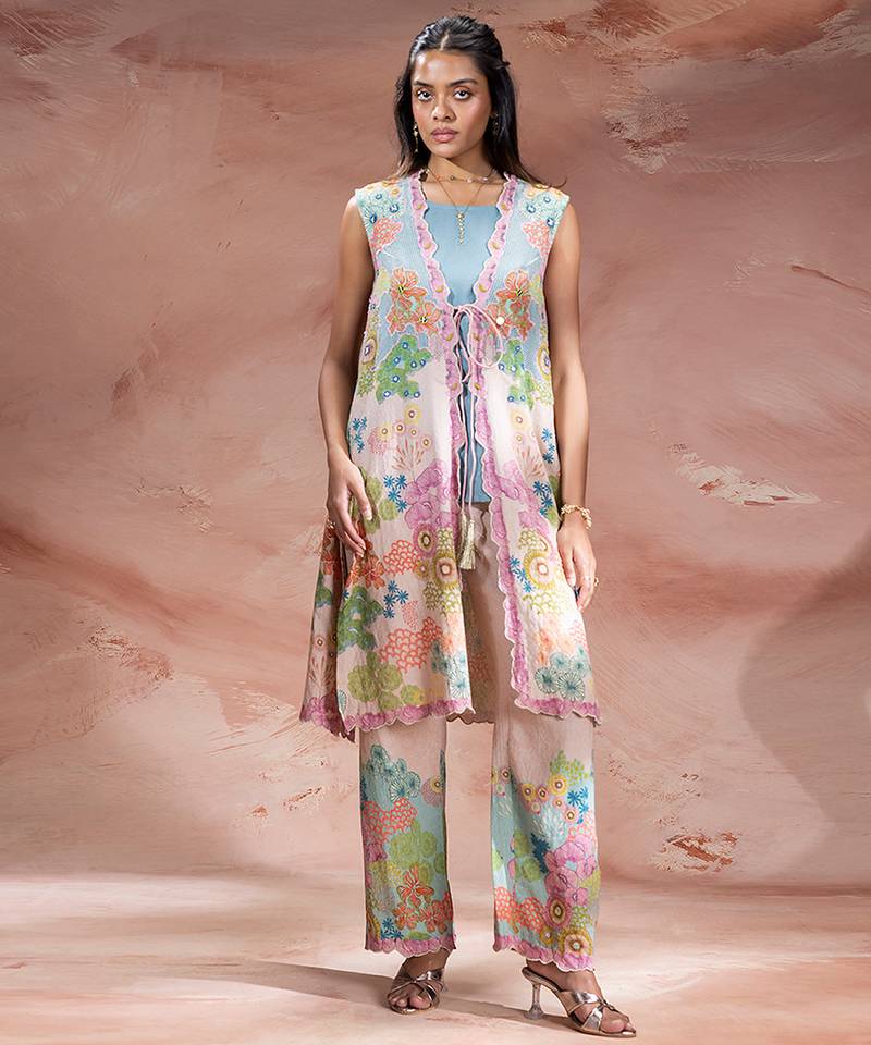 Pastel pink embroidered khadi flex co ord set