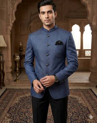 Blue jacquard silver jari jodhpuri for men | premium designer bandhgala ethnic wear 1