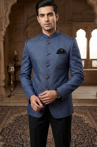 Blue jacquard silver jari jodhpuri for men | premium designer bandhgala ethnic wear