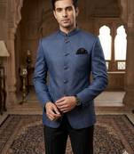 Blue jacquard silver jari jodhpuri for men | premium designer bandhgala ethnic wear
