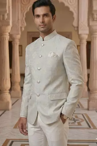 Grey color white butta jodhpuri for men | premium designer bandhgala ethnic wear