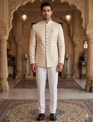 beige color traditional wear jodhpuri for men | premium designer bandhgala ethnic wear 1