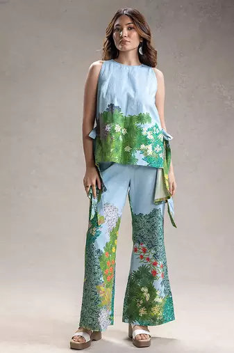 Sky blue printed twill cotton co ord set