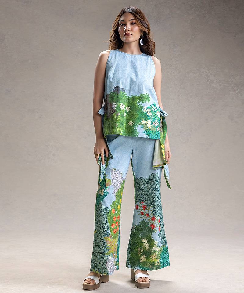 Sky blue printed twill cotton co ord set