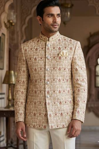 Golden color jodhpuri with maroon color touchup embroidery for men | premium designer bandhgala ethnic wear