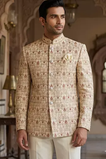 Golden color jodhpuri with maroon color touchup embroidery for men | premium designer bandhgala ethnic wear