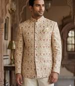 Golden color jodhpuri with maroon color touchup embroidery for men | premium designer bandhgala ethnic wear