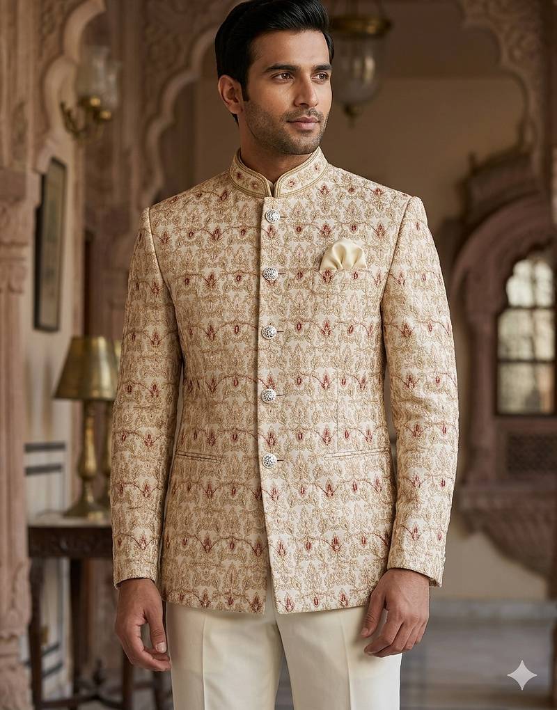 Golden color jodhpuri with maroon color touchup embroidery for men | premium designer bandhgala ethnic wear