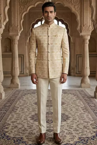 Beige color golden jacquard jodhpuri for men | premium designer bandhgala ethnic wear