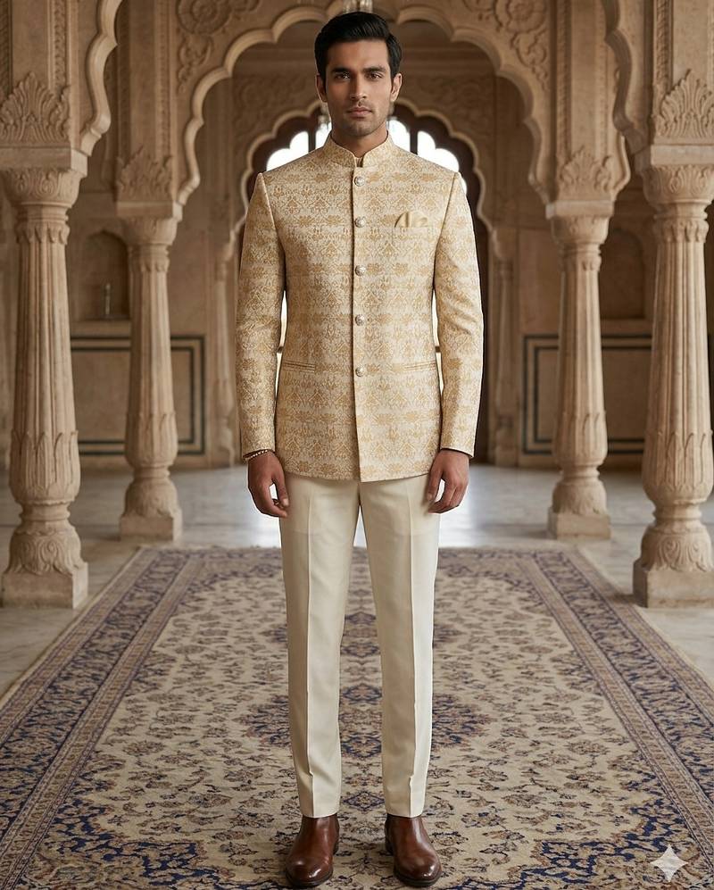 Beige color golden jacquard jodhpuri for men | premium designer bandhgala ethnic wear