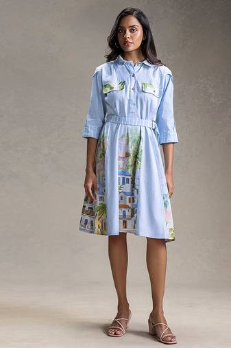 Blue printed twill cotton dress