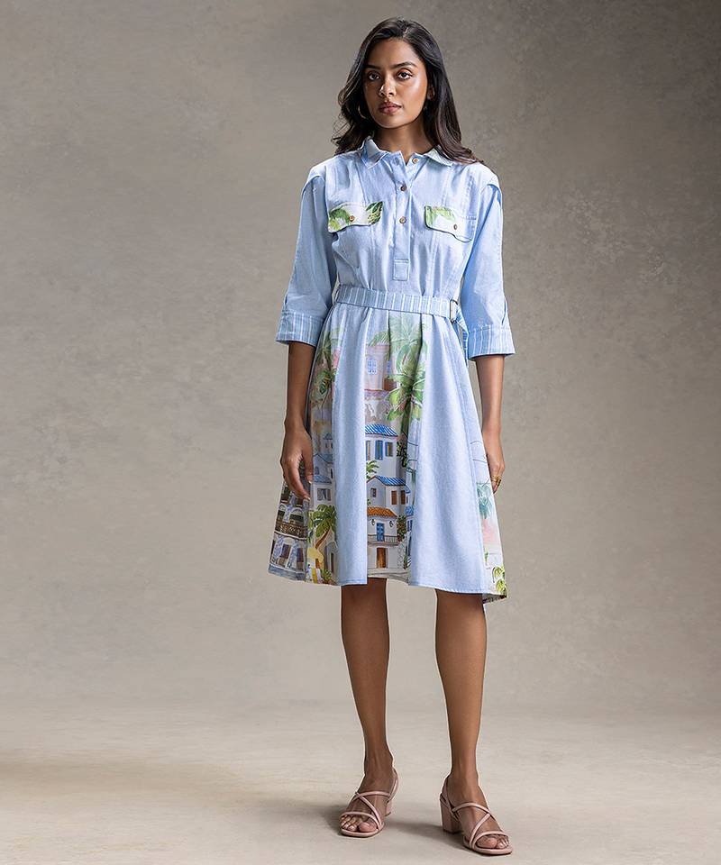 Blue printed twill cotton dress