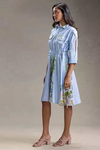Blue printed twill cotton dress