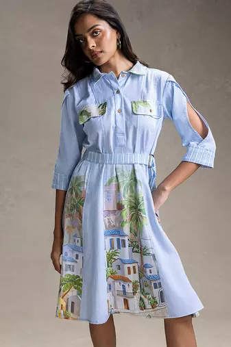 Blue printed twill cotton dress