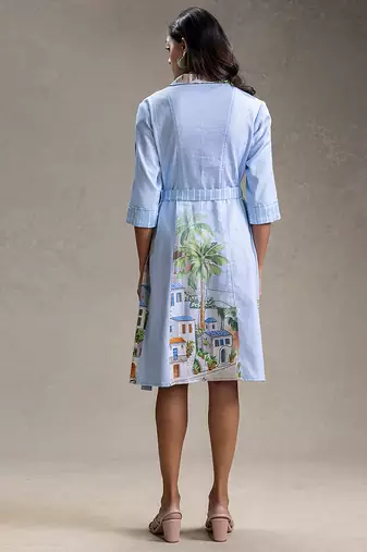 Blue printed twill cotton dress