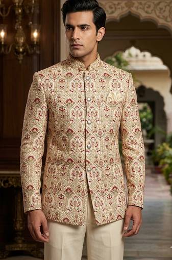 Beige color jodhpuri with maroon color touchup embroidery for men | premium designer bandhgala ethnic wear