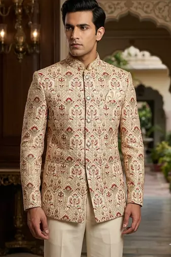 Beige color jodhpuri with maroon color touchup embroidery for men | premium designer bandhgala ethnic wear