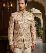 Beige color jodhpuri with maroon color touchup embroidery for men | premium designer bandhgala ethnic wear