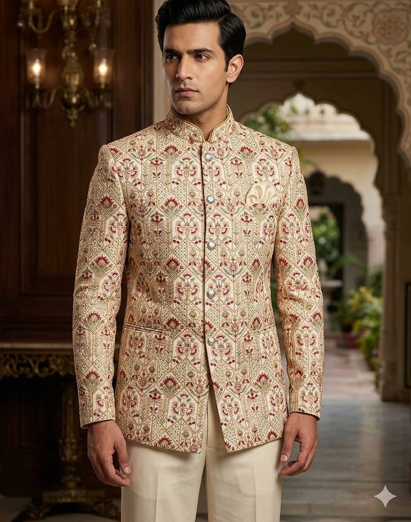 Beige color jodhpuri with maroon color touchup embroidery for men | premium designer bandhgala ethnic wear