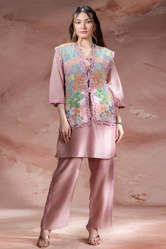 Rose pink embroidered chanderi co ord set