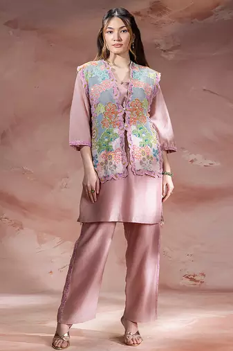 Rose pink embroidered chanderi co ord set