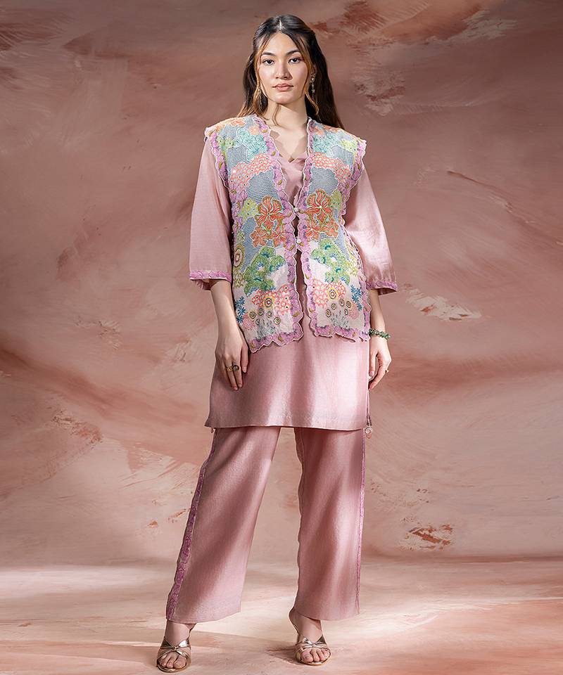 Rose pink embroidered chanderi co ord set