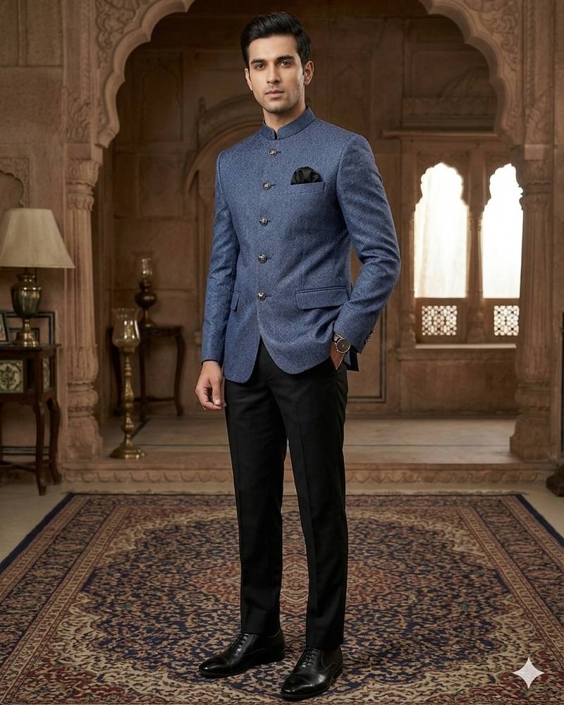 Blue jacquard silver jari jodhpuri for men | premium designer bandhgala ethnic wear