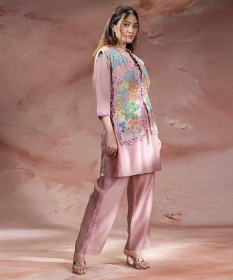 Rose pink embroidered chanderi co ord set 2