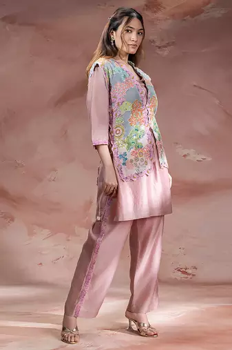 Rose pink embroidered chanderi co ord set