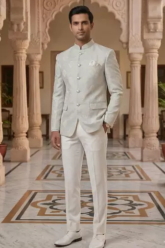 Grey color white butta jodhpuri for men | premium designer bandhgala ethnic wear