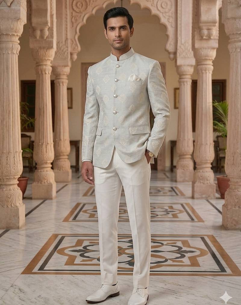 Grey color white butta jodhpuri for men | premium designer bandhgala ethnic wear