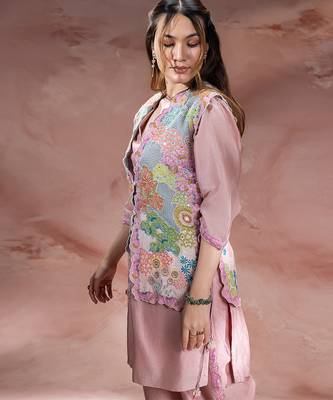Rose pink embroidered chanderi co ord set 3